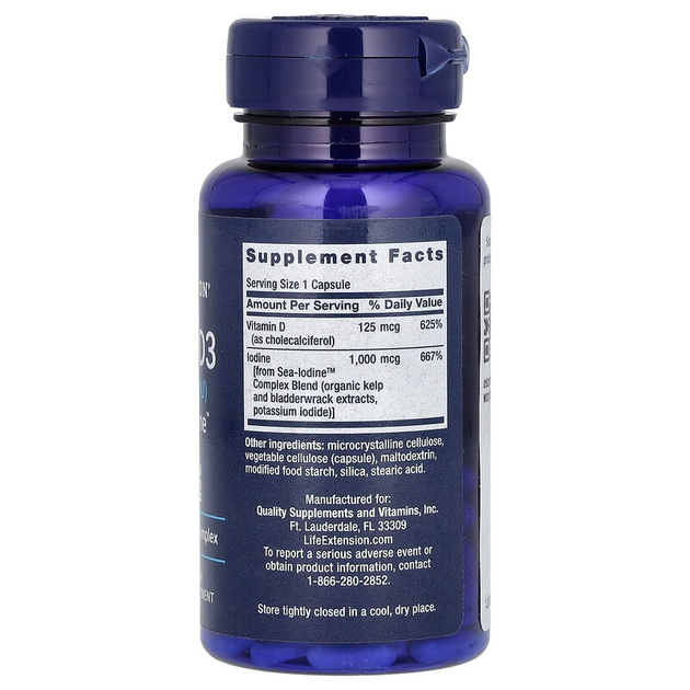 Витамин D3 с йодом Life Extension "Vitamin D-3 with Sea-Iodine" холекальциферол Д3 с комплексом морских растений, 125 мкг / 5000 МЕ (60 капсул) - изображение 2