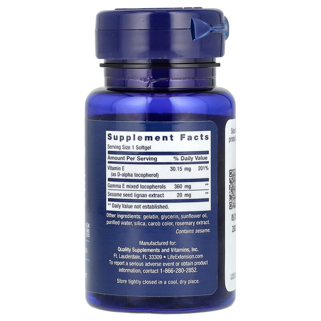 Вітамін Е, Life Extension "Gamma E Mixed Tocopherols" зі змішаними токоферолами і кунжутом (60 гельових капсул) - зображення 2