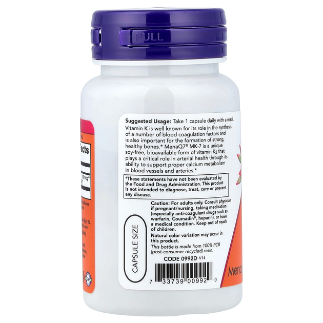Вітамін К2 у формі менахинона-7, NOW Foods "MK-7 Vitamin K-2" 100 мкг (60 капсул) - зображення 3