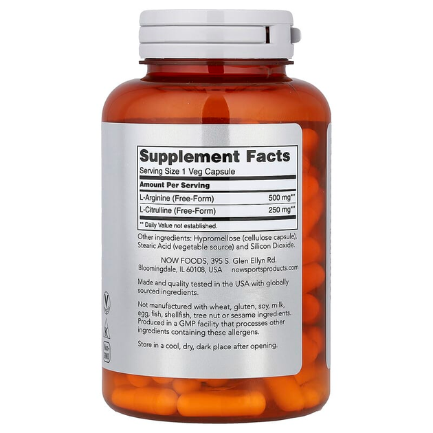 Аргинин и цитруллин NOW Foods, Sports "Arginine & Citrulline" аминокислоты для наращивания мышечной массы и кетодиеты, 500 мг / 250 мг (120 вегетарианских капсул) - изображение 2