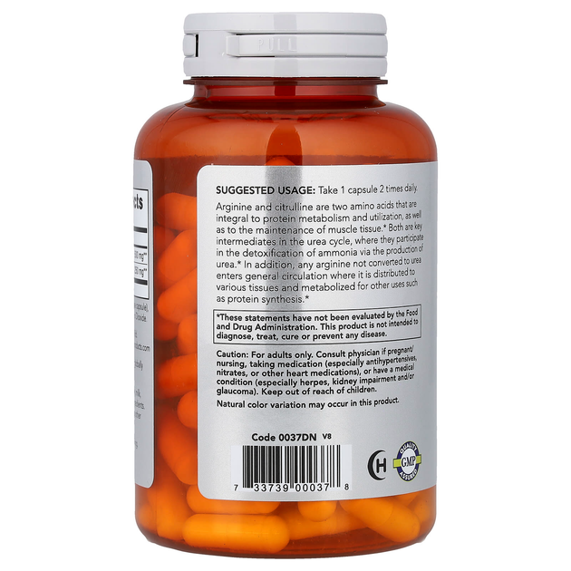 Аргинин и цитруллин NOW Foods, Sports "Arginine & Citrulline" аминокислоты для наращивания мышечной массы и кетодиеты, 500 мг / 250 мг (120 вегетарианских капсул) - изображение 3