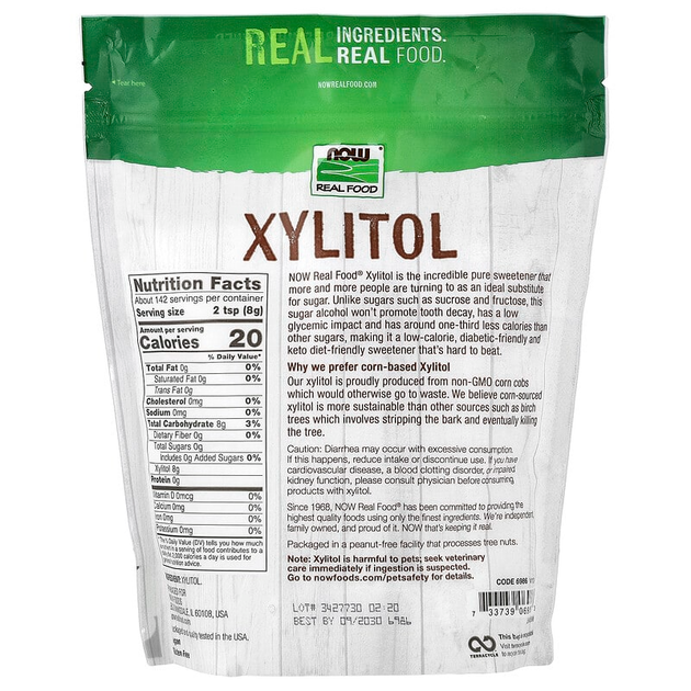 Ксилитол NOW Foods, Real Food "Xylitol" натуральный сахарозаменитель с нулевым гликемическим индексом, заменитель сахара при диабете, чистый / без добавок / гранулированный в порошке (1134 г / 2,5 фунта) - изображение 2