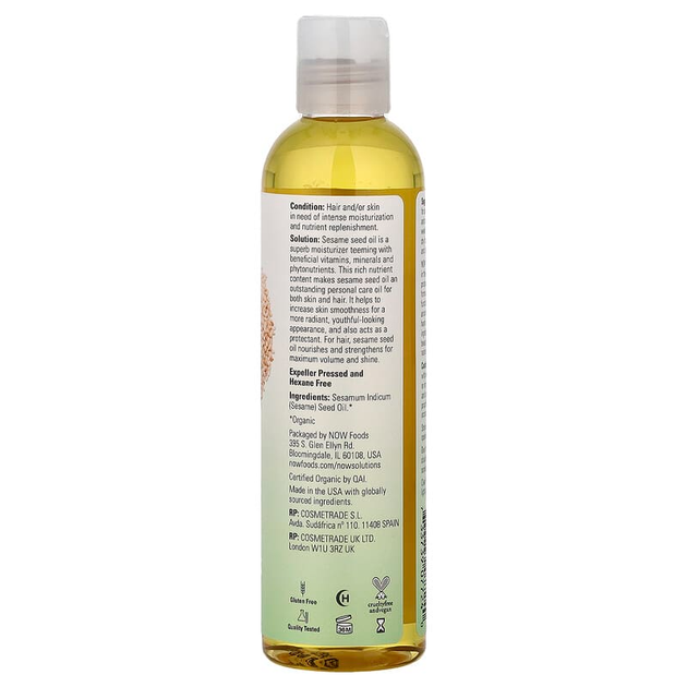Органическое кунжутное масло NOW Foods, Solutions "Organic Sesame Seed Oil" чистое сезамовое масло (237 мл) - изображение 2