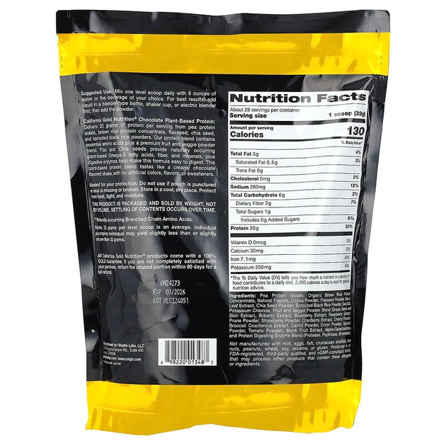 Растительный протеин California GOLD Nutrition, SPORT "Plant Based Protein" вкус шоколад (907 г) - изображение 2