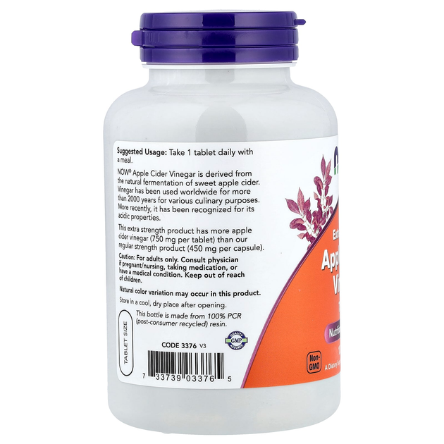 Яблочный уксус NOW Foods "Apple Cider Vinegar" для снижения веса, 750 мг (180 таблеток) - изображение 3
