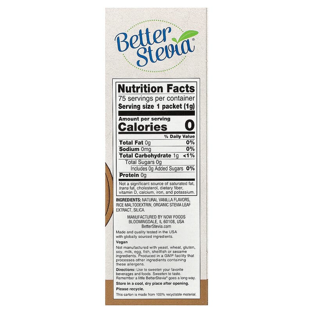 Натуральная стевия NOW Foods, Better Stevia "French Vanilla" сахарозаменитель без калорий, вкус французская ваниль (75 пакетиков / 75 г) - изображение 3