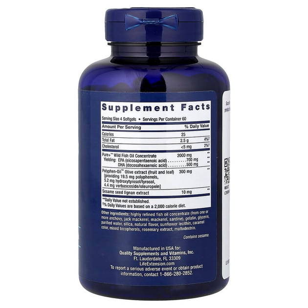 Жирные кислоты омега-3 Life Extension "Super Omega-3" рыбий жир с оливковым маслом и семенами кунжута (240 гелевых капсул) - изображение 2