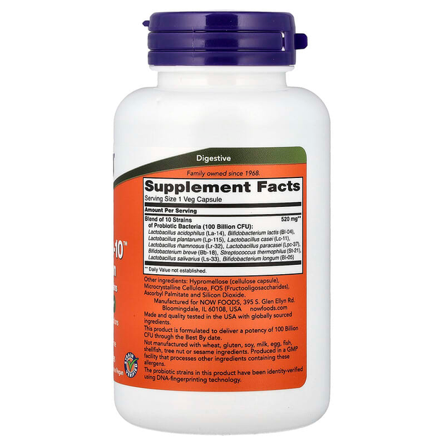 Пробиотики NOW Foods "Probiotic-10" смесь 10 штаммов, 100 млрд КОЕ (60 вегетарианских капсул) - изображение 2