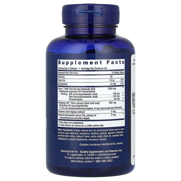 Жирные кислоты омега-3 Life Extension "Super Omega-3 Plus" рыбий жир с кунжутом, оливой, астаксантином и крилем (120 гелевых капсул) - изображение 2