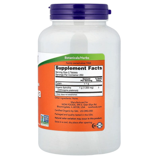 Органическая спирулина NOW Foods "Certified Organic Spirulina" сертифицированная, 500 мг (500 таблеток) - изображение 2