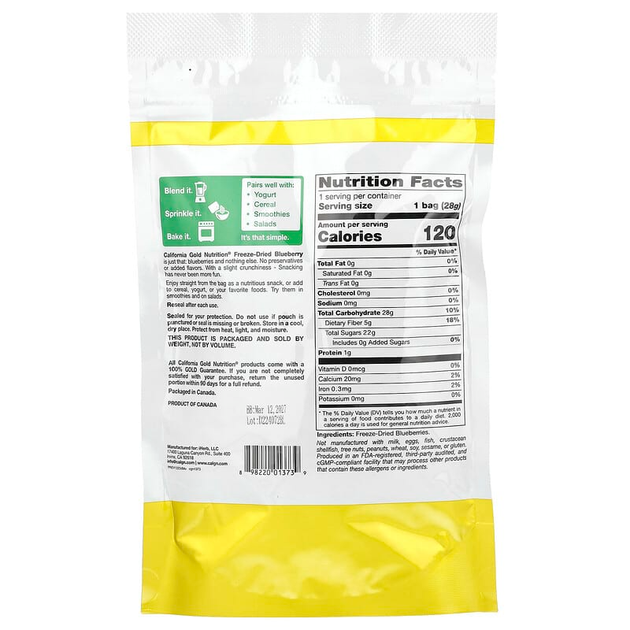 Сублімована лохина California GOLD Nutrition "Freeze Dried Blueberry" цілісні ягоди (28 г) - зображення 2