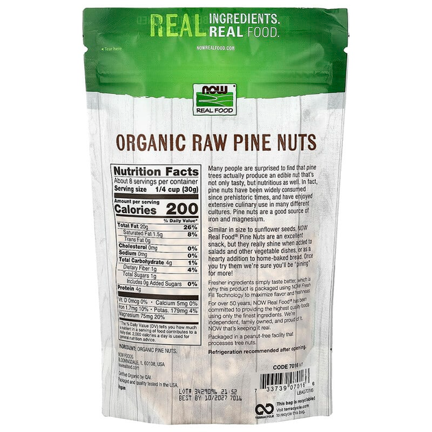 Органические сырые кедровые орехи NOW Foods, Real Food "Organic Raw Pine Nuts" (227 г) - изображение 2