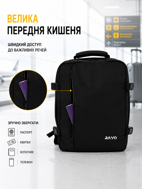 Рюкзак дорожній 40x30x20, чоловічий/жіночий ручна поклажа для подорожей літаком RAVO Cabin Pro 40, відділення для ноутбука 15.6" сумка дорожня для ручної поклажі Ryanair Wizz Air 24 л чорний - зображення 8