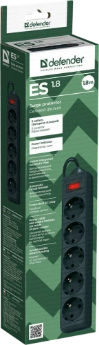 Фільтр мережевий Defender ES 1.8, 5 розеток, 1.8 м, Black (99484) - зображення 3