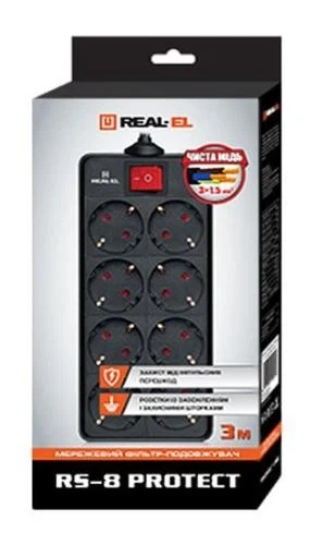 Фільтр мережевий REAL-EL RS-8 Protect, 8 розеток, 3 м, Black (EL122300022) - Фото 2 Фільтр мережевий REAL-EL RS-8 Protect, 8 розеток, 3 м, Black (EL122300022) - зображення 2