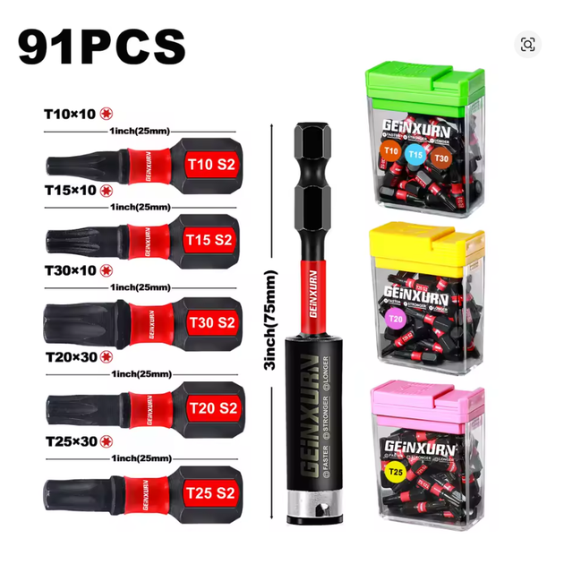 Набор ударных бит Geinxurn 91 предмет - биты Torx T10-T30 из стали S2 в кейсе для шуруповерта и инструмента - Фото 3 Набор ударных бит Geinxurn 91 предмет - биты Torx T10-T30 из стали S2 в кейсе для шуруповерта и инструмента - изображение 3