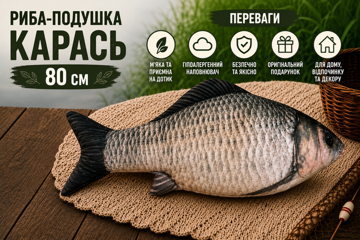 Декоративная плюшевая мягкая реалистичная подушка рыба КАРАСЬ 80см для дома подарка - изображение 2