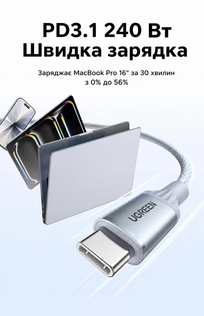 Кабель Ugreen L534 USB-C - USB-C PD 3.1 240 Вт E-Marker 2 м Сріблясто-блакитний (75732) - зображення 3
