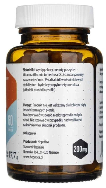 Дієтична добавка Hepatica Vilcacora Екстракт котячого кігтя 200 мг 60 капсул HEP184 (5905279653184) - зображення 3