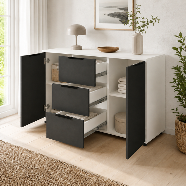 Комод Vesta 1200x450x750 з шухлядами та дверцятами для спальні, вітальні, передпокою Антрацит/Білий - Фото 6 Комод Vesta 1200x450x750 з шухлядами та дверцятами для спальні, вітальні, передпокою Антрацит/Білий - зображення 6