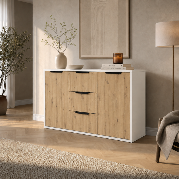 Комод Vesta 1200x450x750 з шухлядами та дверцятами для спальні, вітальні, передпокою Дуб Артізан/Білий - зображення 2