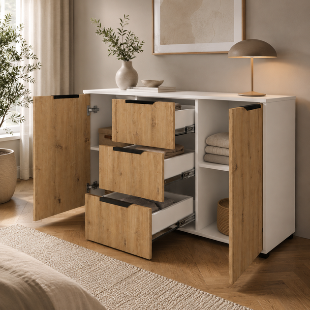 Комод Vesta 1200x450x750 з шухлядами та дверцятами для спальні, вітальні, передпокою Дуб Артізан/Білий - зображення 3