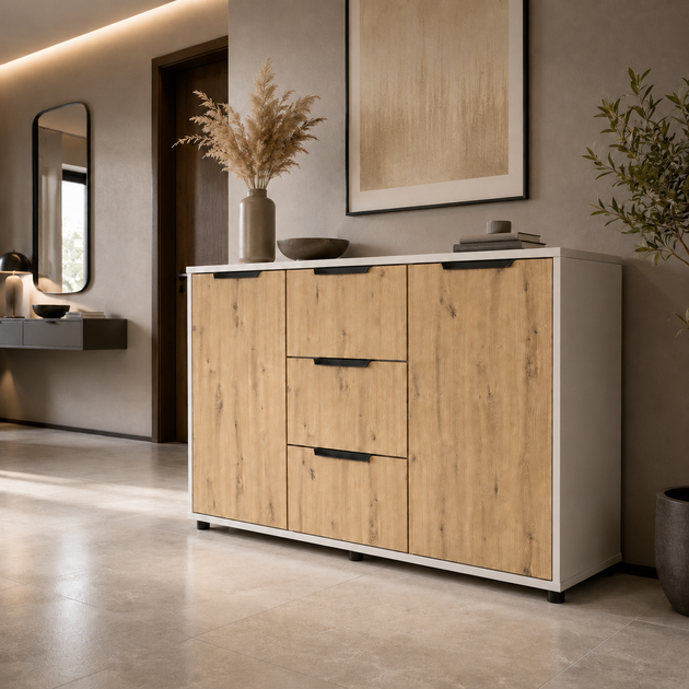 Комод Vesta 1200x450x750 з шухлядами та дверцятами для спальні, вітальні, передпокою Дуб Артізан/Білий - зображення 4