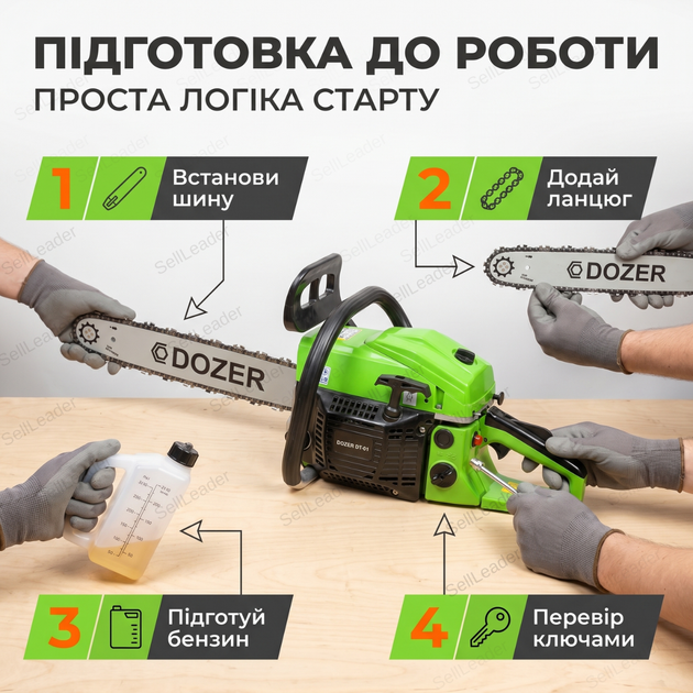 Бензопила Dozer DT-01 2.1Квт для дров садово-будівельних робіт бензинова шина 40см ланцюгова 10500об/хв - Фото 6 Бензопила Dozer DT-01 2.1Квт для дров садово-будівельних робіт бензинова шина 40см ланцюгова 10500об/хв - зображення 6