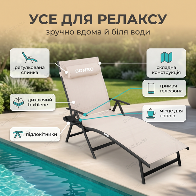 Шезлонг-лежак Bonro BG-008 183,5×62×86,5см складний для саду басейну дачі алюмінієва рама навантаження 150кг - зображення 2
