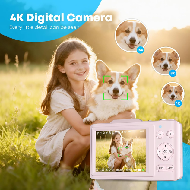 Цифровая компактная камера 4K 48MP ZHIZJIA H16 Pink — Компактный фотоаппарат для блогеров с автофокусом, 16x зумом и SD-32GB - Фото 4 Цифровая компактная камера 4K 48MP ZHIZJIA H16 Pink — Компактный фотоаппарат для блогеров с автофокусом, 16x зумом и SD-32GB - изображение 4