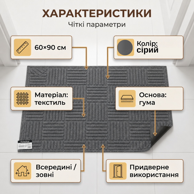 Придверный коврик HomeStar Т-02 60х90см антискользящий прямоугольный для квартиры дома дверной коврик серый - изображение 4