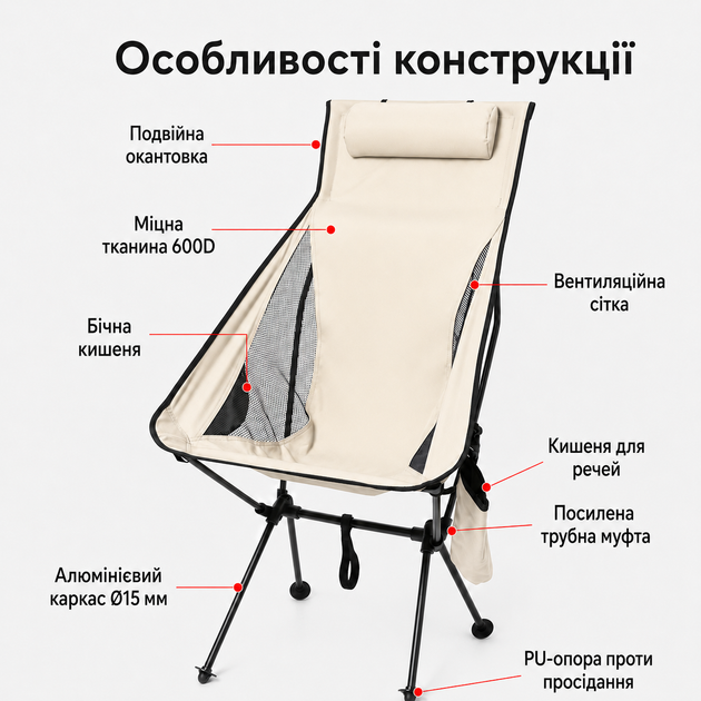 Складное туристическое кресло с высокой спинкой и подголовником для кемпинга и рыбалки, бежевое - изображение 3