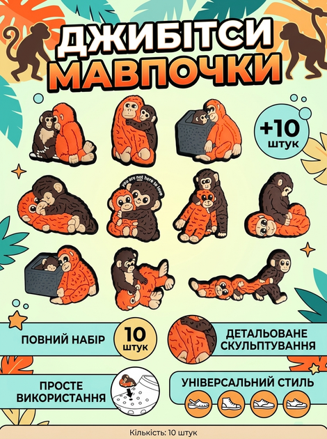 Джибитсы для Crocs 10 шт Обезьянки, набор украшений на кроксы, Monkey Charms, аксессуары для обуви - изображение 2