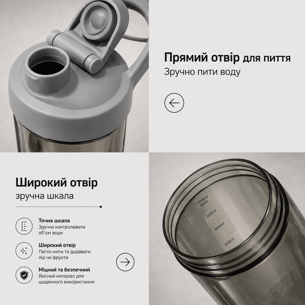 Тритановый шейкер Diller Bottle 700 мл с металлическим шариком (BPA Free) серый - Фото 3 Тритановый шейкер Diller Bottle 700 мл с металлическим шариком (BPA Free) серый - изображение 3