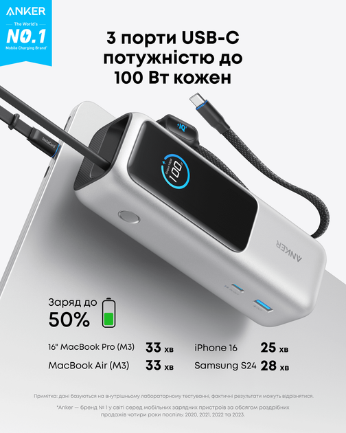 Зовн. акум. ANKER - 25000 mAh 165W PD Built-In Double USB-C Cables (Сріблястий) - Фото 2 Зовн. акум. ANKER - 25000 mAh 165W PD Built-In Double USB-C Cables (Сріблястий) - изображение 2