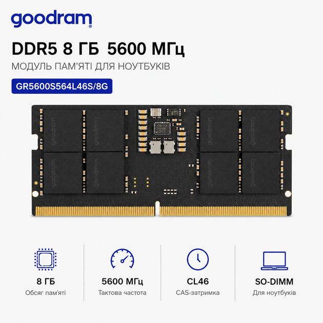 Оперативная память Goodram 8GB SO-DIMM DDR5 5600 MHz Black (GR5600S564L46S/8G) - Фото 2 Оперативная память Goodram 8GB SO-DIMM DDR5 5600 MHz Black (GR5600S564L46S/8G) - изображение 2