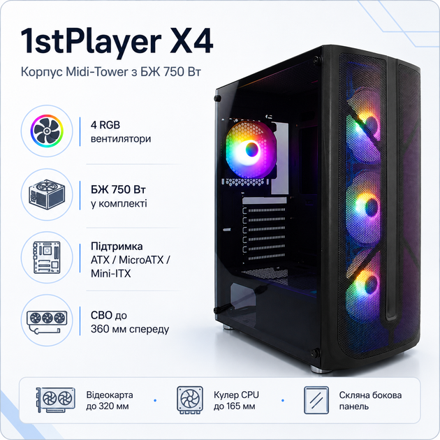 Корпус для ПК 1stPlayer X4 Midi-Tower ATX/MicroATX/Mini-ITX 750W RGB Black (X4-BK-4F1-PS-750FK-EU) - изображение 2