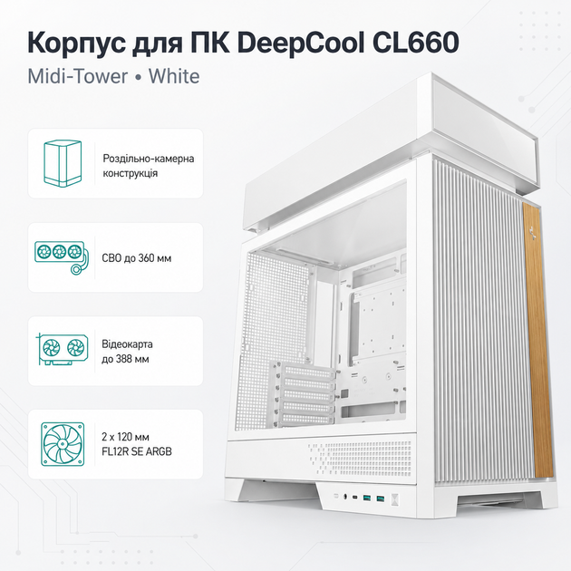 Корпус для ПК DeepCool CL660 Midi-Tower без БП ATX/MicroATX/Mini-ITX ARGB White (R-CL660-WHNNA0-G-1) - изображение 2