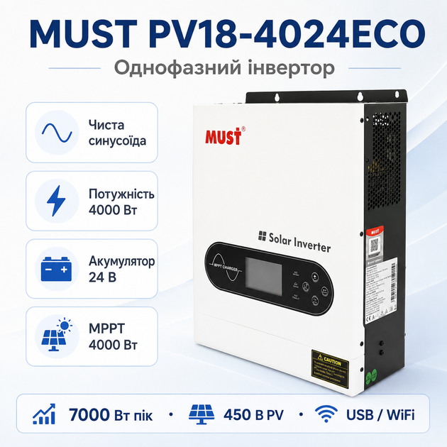 Інвертор із чистою синусоїдою Must PV18-4024ECO 1 фаза 4 кВт 24 В 60A WiFi RS-485 White - зображення 2