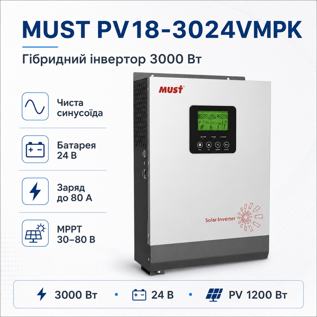 Гібридний інвертор із чистою синусоїдою Must PV18-3024VMPK 1 фаза 3 кВт 24 В 50A WiFi RS-485 White - зображення 2