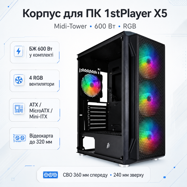 Корпус для ПК 1stPlayer X5 Midi-Tower ATX/MicroATX/Mini-ITX 600W RGB Black (X5-BK-4F1-PS-600FK-EU) - зображення 2