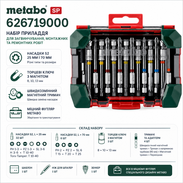 Коробка с насадками Metabo SP 48 штук и магнитный держатель насадок универсальность при работе (626719000) - изображение 2