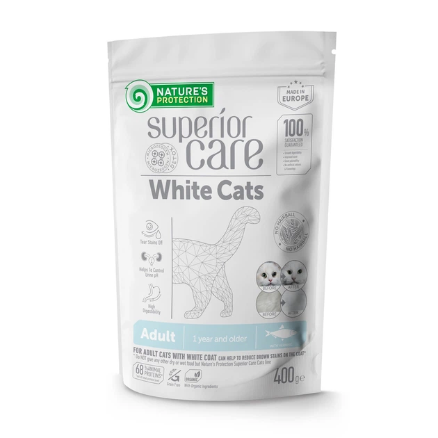 Nature's Protection Superior Care White Cats Grain Free Herring Сухий беззерновий корм для дорослих котів з білим забарвленням з оселедцем, 400 г - Фото 1 Nature's Protection Superior Care White Cats Grain Free Herring Сухий беззерновий корм для дорослих котів з білим забарвленням з оселедцем, 400 г - зображення 1