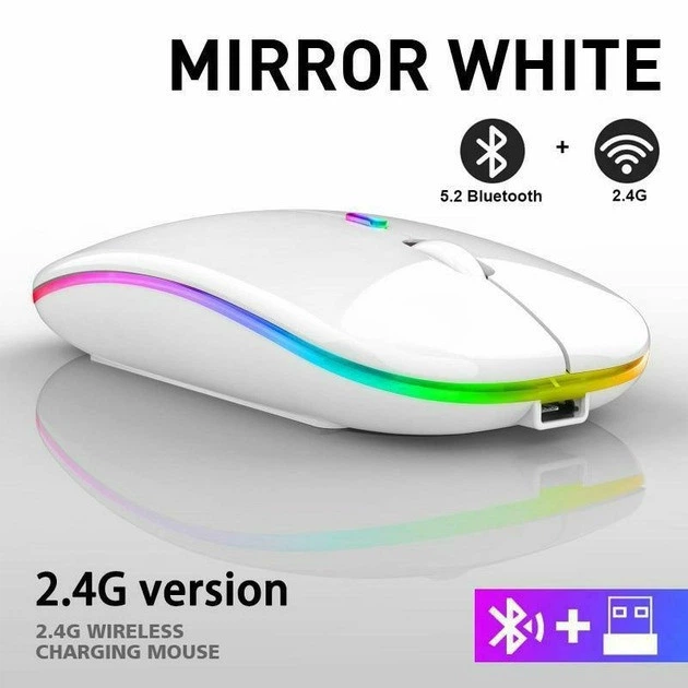 Беспроводная мышь Bluetooth + USB адаптер 2.4Ghz с RGB подсветкой, оптическая, аккумуляторная, белая - изображение 8