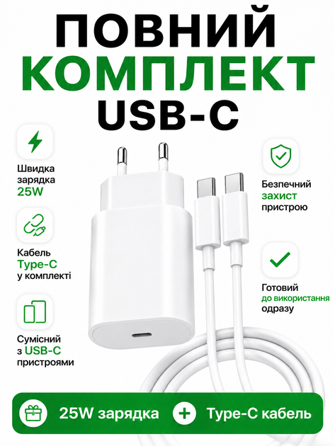 Комплект швидкої зарядки 25W для телефона Android Apple iPhone type-c to type c 15 16 17 pro max plus mini iPad адаптер мережевий зарядний пристрій блок тайпсі usb-c power adapter швидка зарядка для айфон айпад андроїд кабель зарядки тайп-с 1м - зображення 10