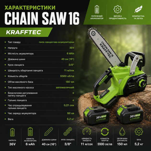 Пила ланцюгова акумуляторна CHAIN SAW 16 KRAFFTEC Салатова - зображення 5