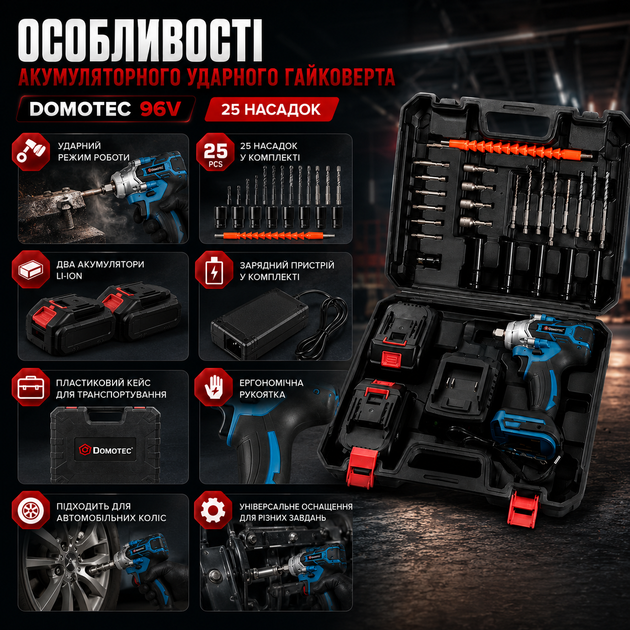 Аккумуляторный ударный гайковерт DOMOTEC 96V с 25 насадками - Фото 5 Аккумуляторный ударный гайковерт DOMOTEC 96V с 25 насадками - изображение 5