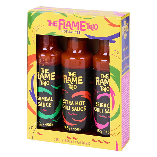 Набір гострих соусів The Flame Trio Hot Sauces Sambal Extra Hot Chili Sriracha 450 мл - Фото 1 Набір гострих соусів The Flame Trio Hot Sauces Sambal Extra Hot Chili Sriracha 450 мл - зображення 1