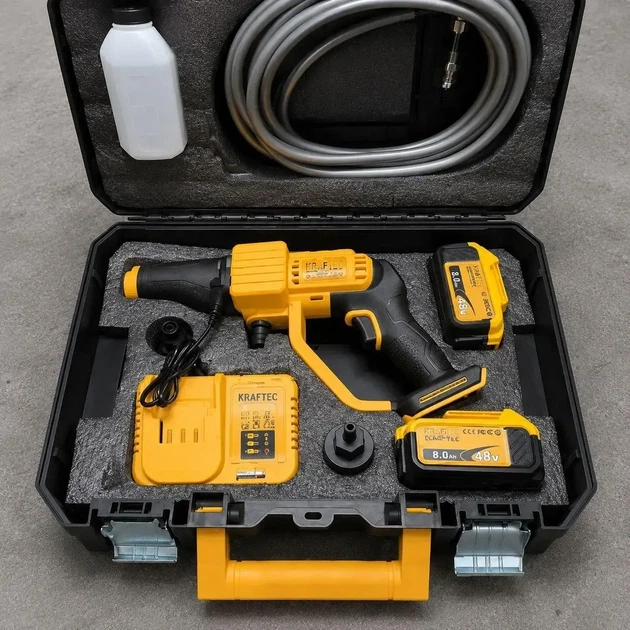 Мойка высокого давления аккумуляторная Krafftec Germany PRO 48V 8Ah 45 бар бесщеточная портативная с 2 АКБ и насадками - изображение 4