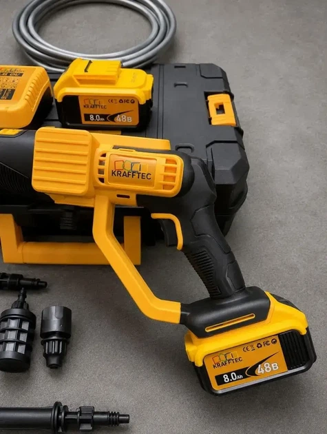 Мойка высокого давления аккумуляторная Krafftec Germany PRO 48V 8Ah 45 бар бесщеточная портативная с 2 АКБ и насадками - изображение 7